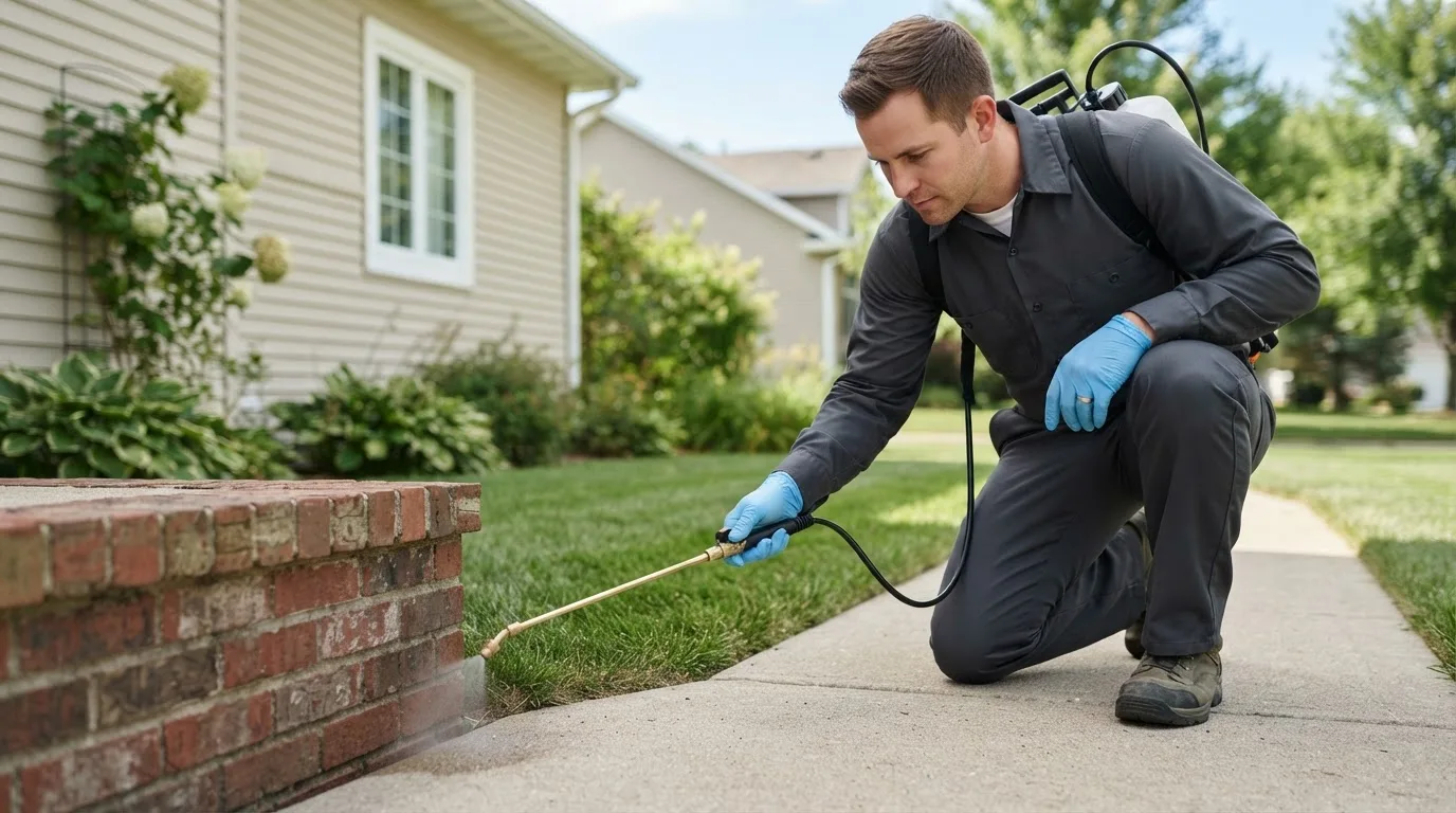 Pest control technician treating a home near Tustin, MI