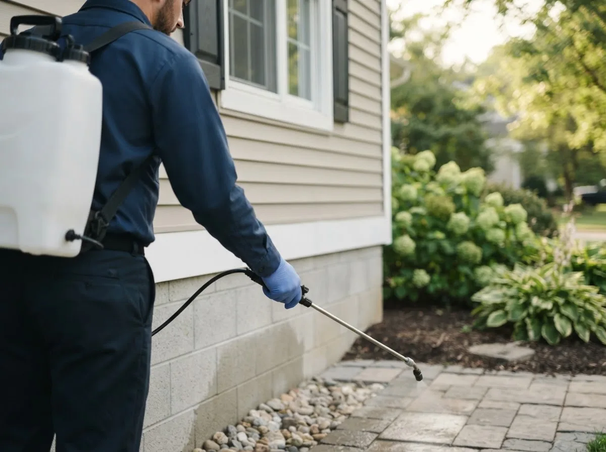 Pest control technician inspecting a home in Tustin, MI
